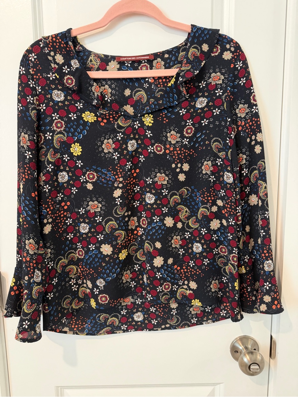 Comptoir Des Cotonniers Black Floral Print Long-Sleeve Blouse